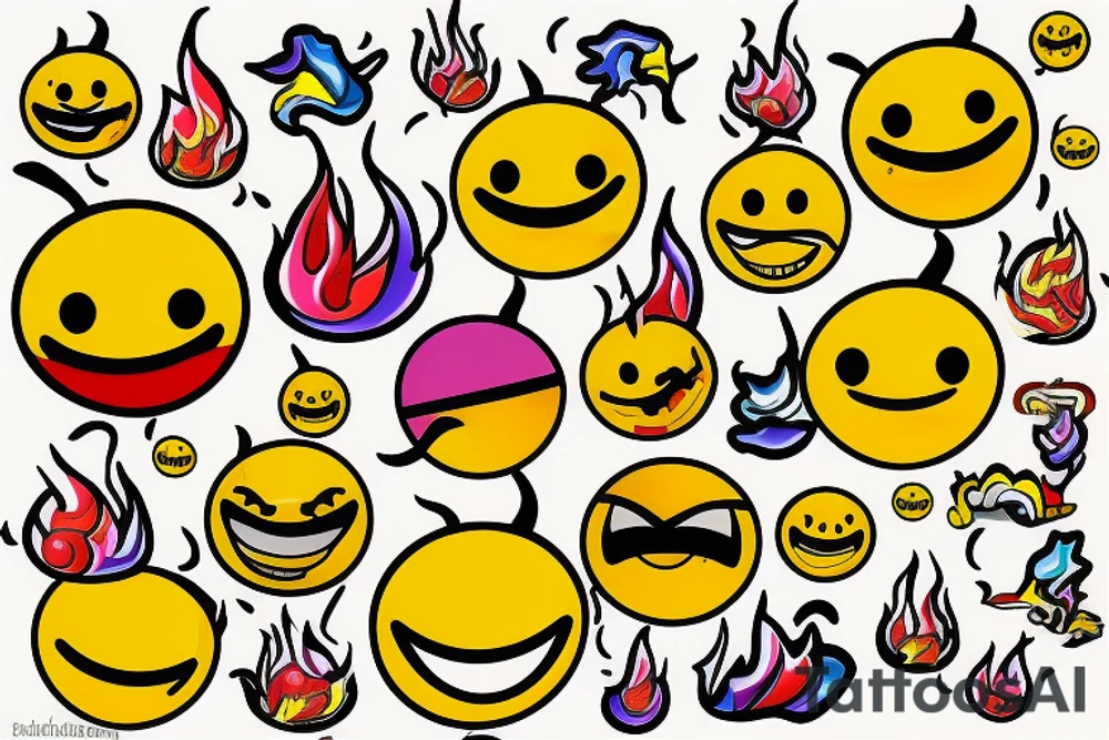 one yellow smiley face melting in colorful fire tattoo idea
