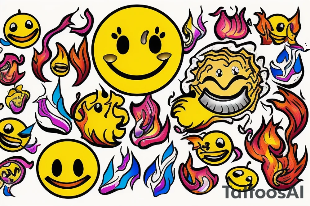one yellow smiley face melting in colorful fire tattoo idea