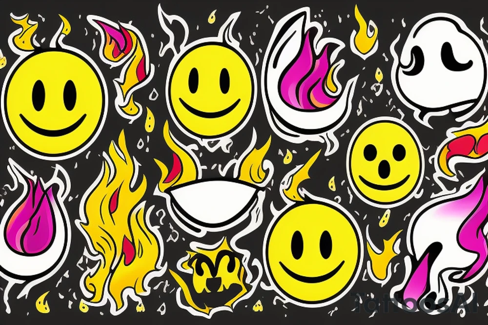 one yellow smiley face melting in colorful fire tattoo idea