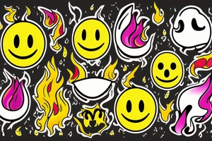 one yellow smiley face melting in colorful fire tattoo idea