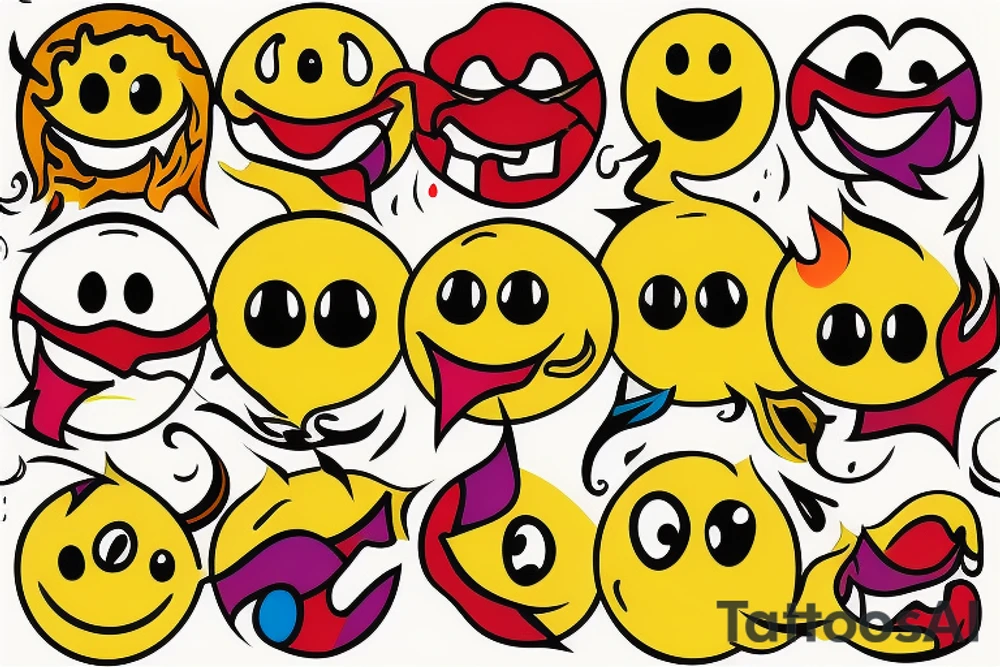 one yellow smiley face melting in colorful fire tattoo idea