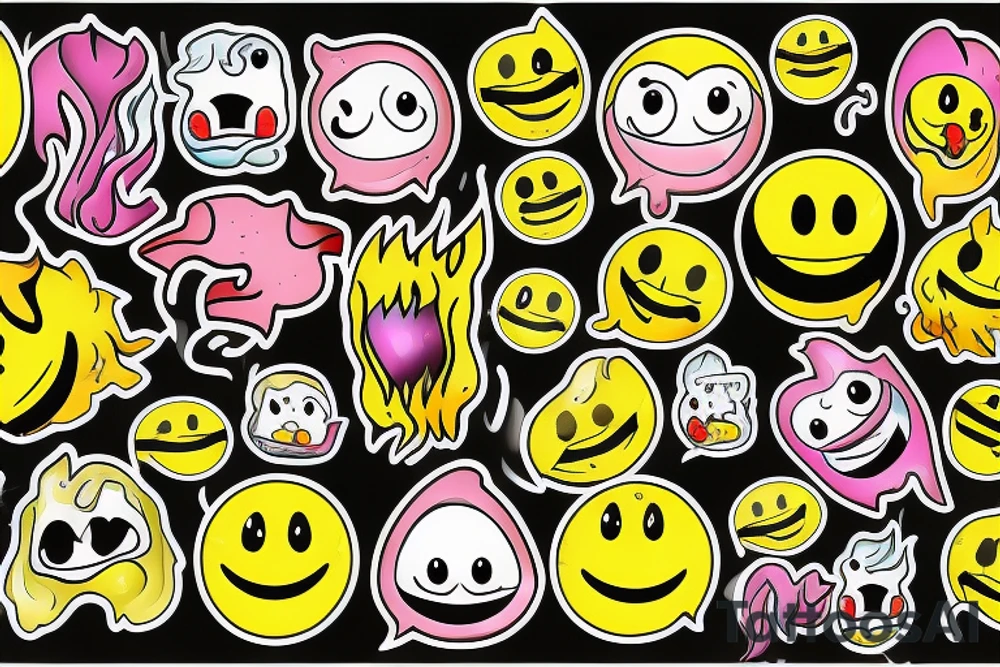 one yellow smiley face melting in colorful fire tattoo idea