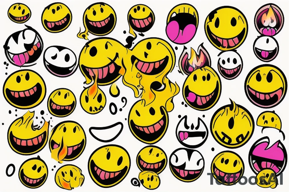 one yellow smiley face melting in colorful fire tattoo idea