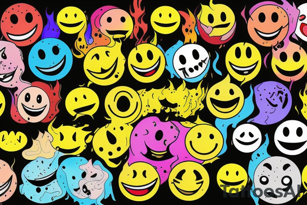 one yellow smiley face melting in colorful fire tattoo idea