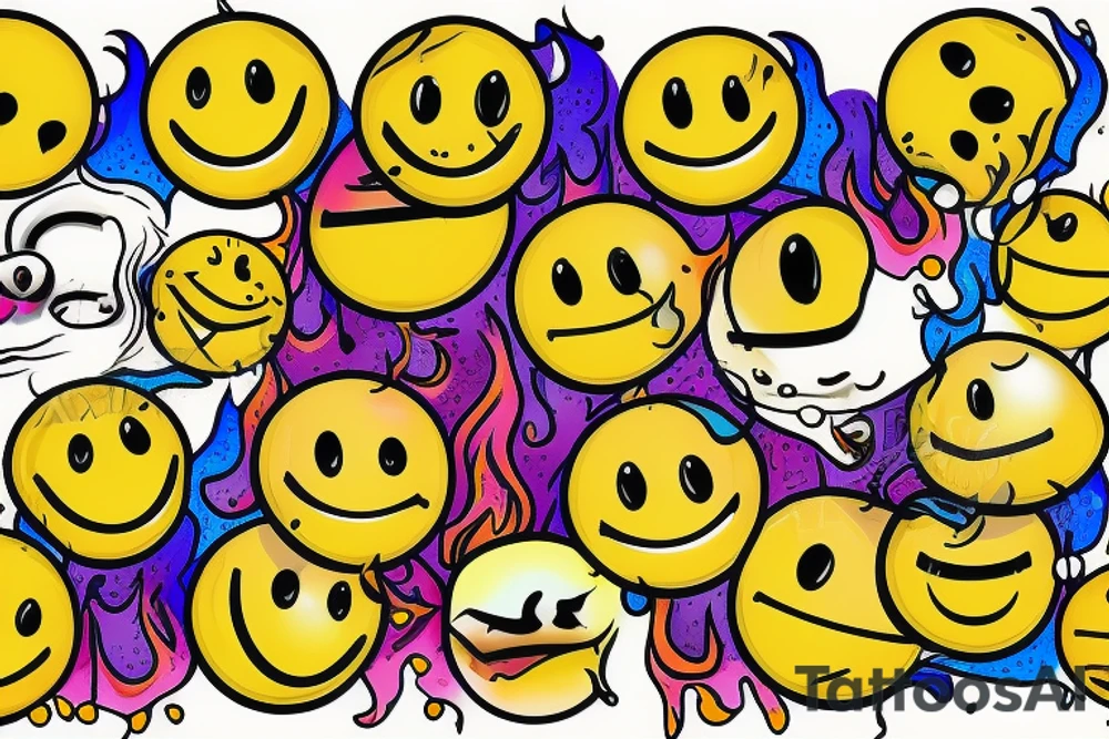 one yellow smiley face melting in colorful fire tattoo idea
