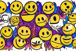 one yellow smiley face melting in colorful fire tattoo idea