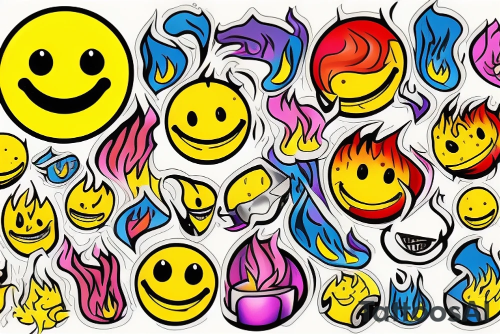 one yellow smiley face melting in colorful fire tattoo idea