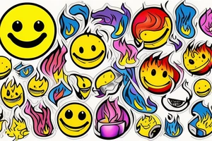 one yellow smiley face melting in colorful fire tattoo idea