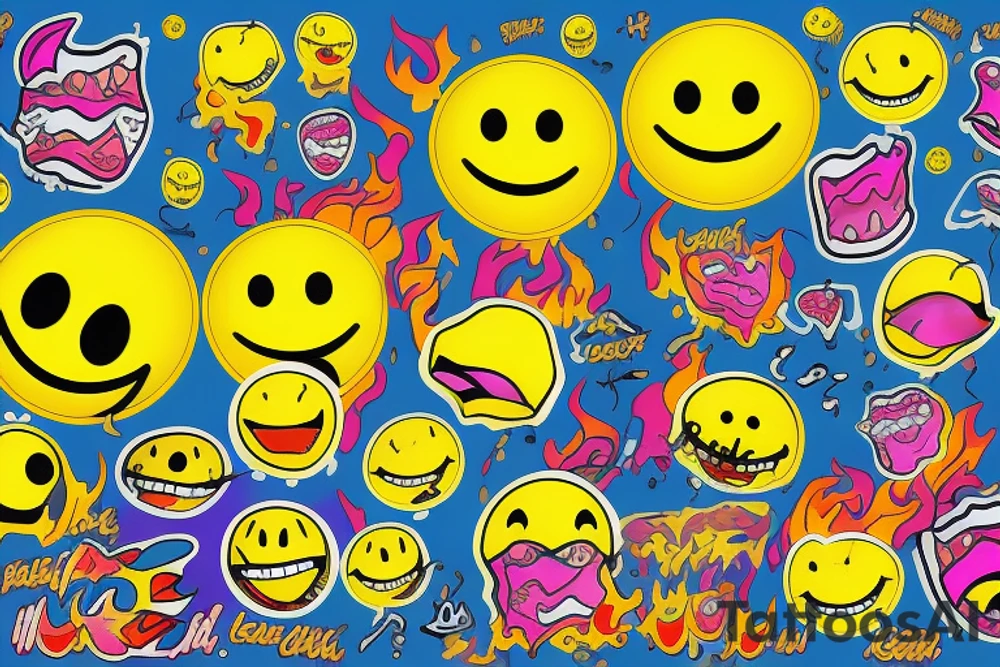 one yellow smiley face melting in colorful fire tattoo idea