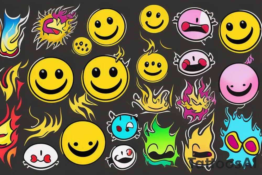 one yellow smiley face melting in colorful fire tattoo idea