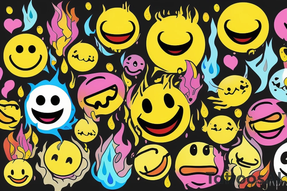 one yellow smiley face melting in colorful fire tattoo idea