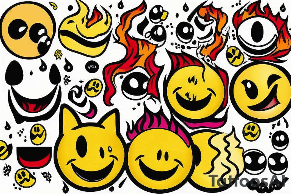 one yellow smiley face melting in colorful fire tattoo idea