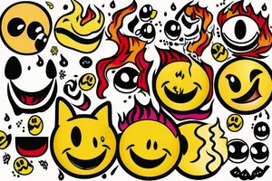 one yellow smiley face melting in colorful fire tattoo idea
