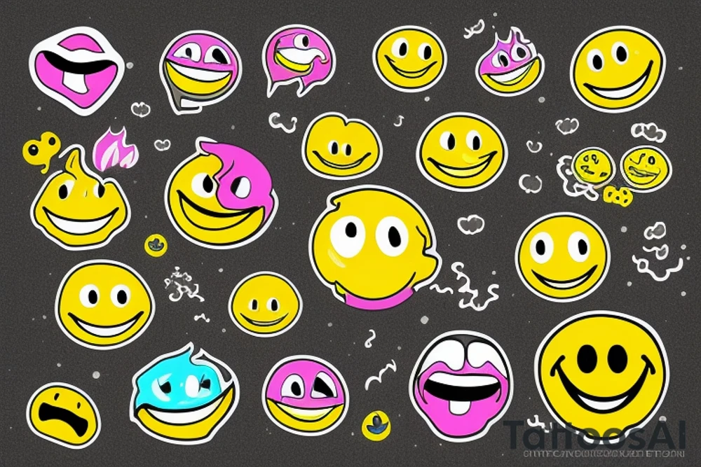 one yellow smiley face melting in colorful fire tattoo idea