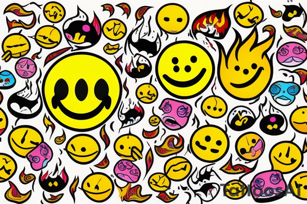 one yellow smiley face melting in colorful fire tattoo idea