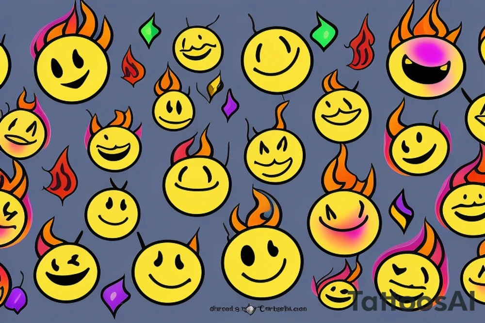 one yellow smiley face melting in colorful fire tattoo idea