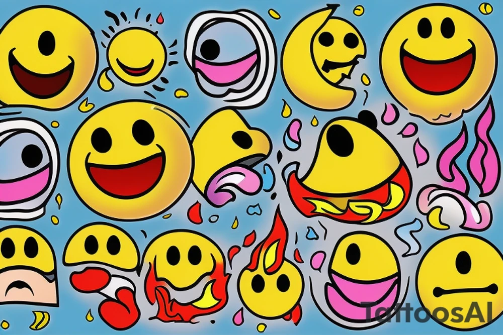 one yellow smiley face melting in colorful fire tattoo idea
