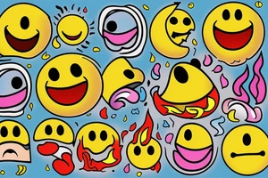 one yellow smiley face melting in colorful fire tattoo idea