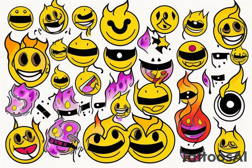 one yellow smiley face melting in colorful fire tattoo idea