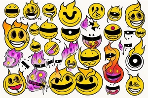 one yellow smiley face melting in colorful fire tattoo idea
