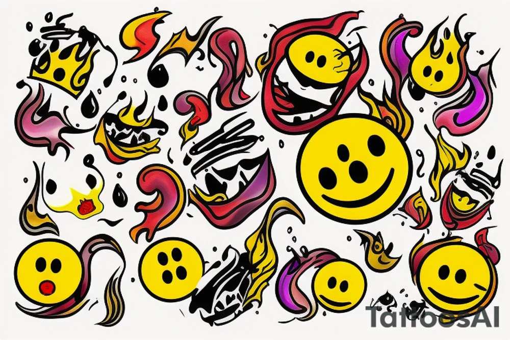 one yellow smiley face melting in colorful fire tattoo idea
