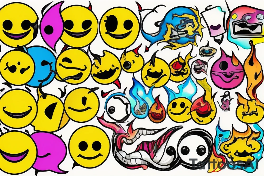 one yellow smiley face melting in colorful fire tattoo idea