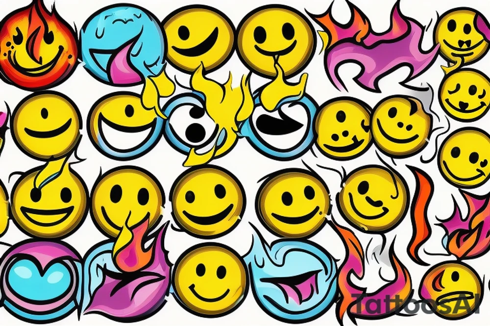 one yellow smiley face melting in colorful fire tattoo idea