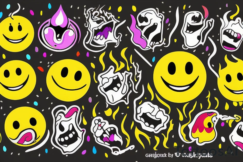 one yellow smiley face melting in colorful fire tattoo idea