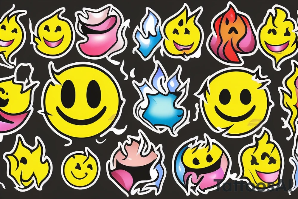 one yellow smiley face melting in colorful fire tattoo idea