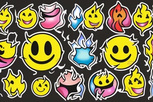 one yellow smiley face melting in colorful fire tattoo idea