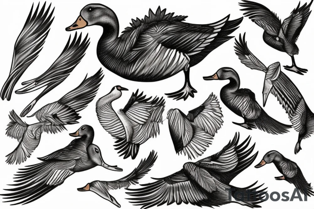 3 geese flying overhead a hunting dog in cat-tails tattoo idea
