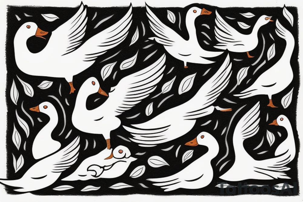 3 geese flying overhead a hunting dog in cat-tails tattoo idea