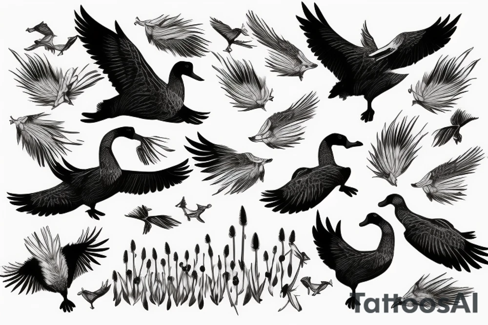 3 geese flying overhead a hunting dog in cat-tails tattoo idea