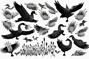 3 geese flying overhead a hunting dog in cat-tails tattoo idea