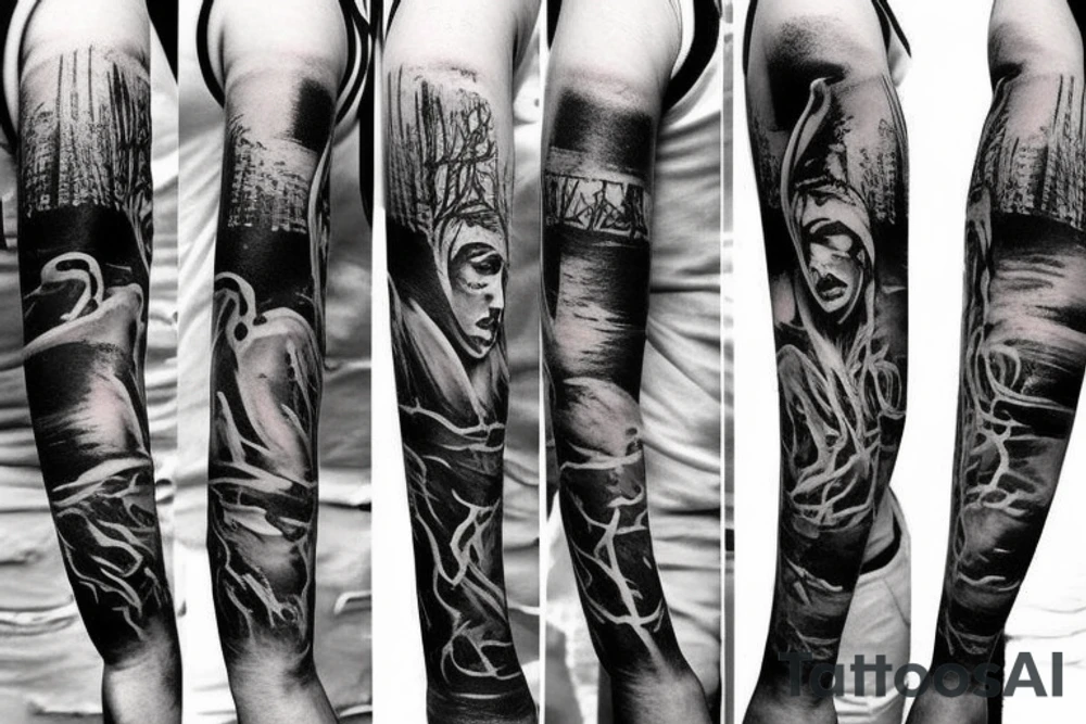 Grunge arm sleeve tattoo idea