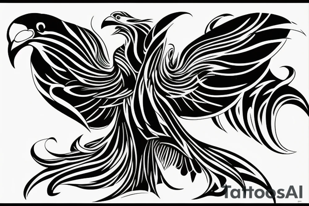 o design that beautifully and uniquely combines the majesty of an eagle and the grace of a manta ray. Starting at the top of the design, there’s an abstract, stylized eagle, its wings spread wide, symbolizing strength and bravery. Beneath the eagle, the wings seamlessly transition into the fins of a manta ray, creating a harmonious blend that signifies freedom and flow. The overall design is minimalist and elegant, with a subtle nod to Polynesian tribal patterns for a touch of exotic allure. To complete the design, a rising sun could be nestled between the eagle and the manta ray, symbolizing hope and liberty. This exquisite design, whether done in color for contrast or in black and white for a timeless feel, brings together two powerful symbols in a soft, feminine, and visually stunning way.” tattoo idea