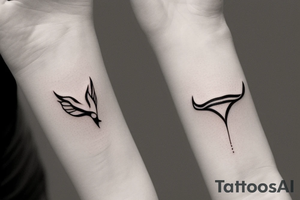 Please create a minimalist illustration for a tattoo that fits on the wrist and combines the symbols of an eagle and a manta ray. Imagine a simple line that symbolizes the strength and freedom of an eagle extending its wing. Next, incorporate a wavy design that reflects the fluidity and elegance of a manta ray swimming in the sea. Both elements should be harmoniously combined in an exquisite and visually striking design.” tattoo idea