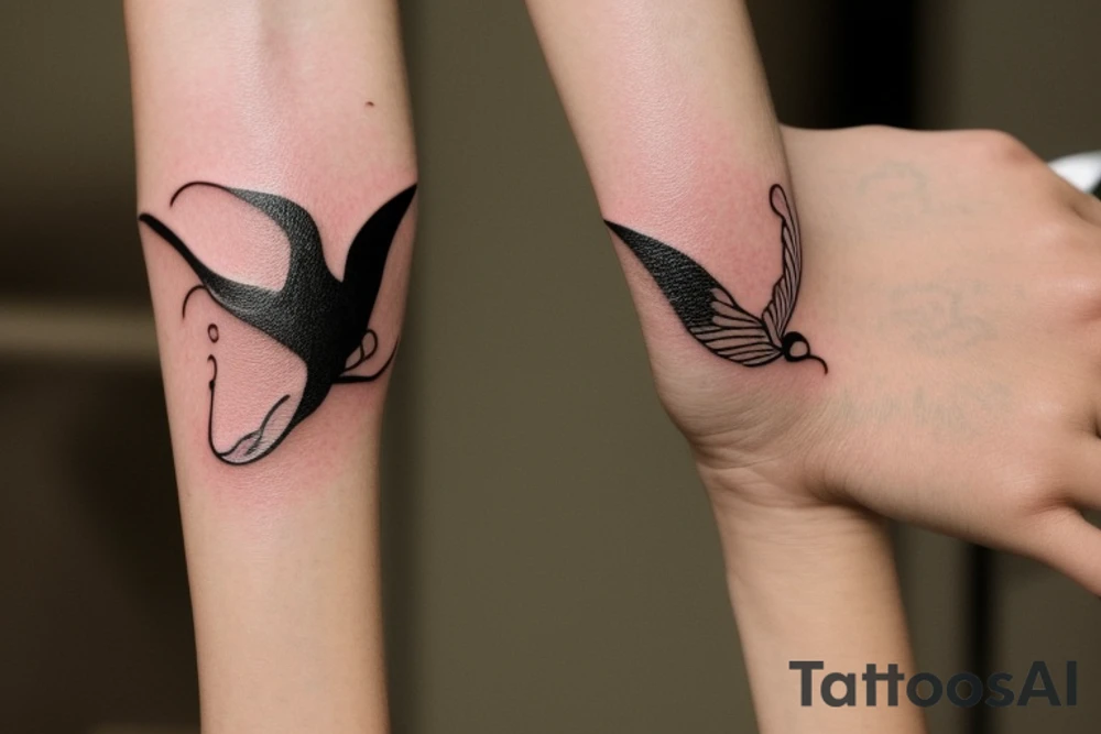 Please create a minimalist illustration for a tattoo that fits on the wrist and combines the symbols of an eagle and a manta ray. Imagine a simple line that symbolizes the strength and freedom of an eagle extending its wing. Next, incorporate a wavy design that reflects the fluidity and elegance of a manta ray swimming in the sea. Both elements should be harmoniously combined in an exquisite and visually striking design.” tattoo idea