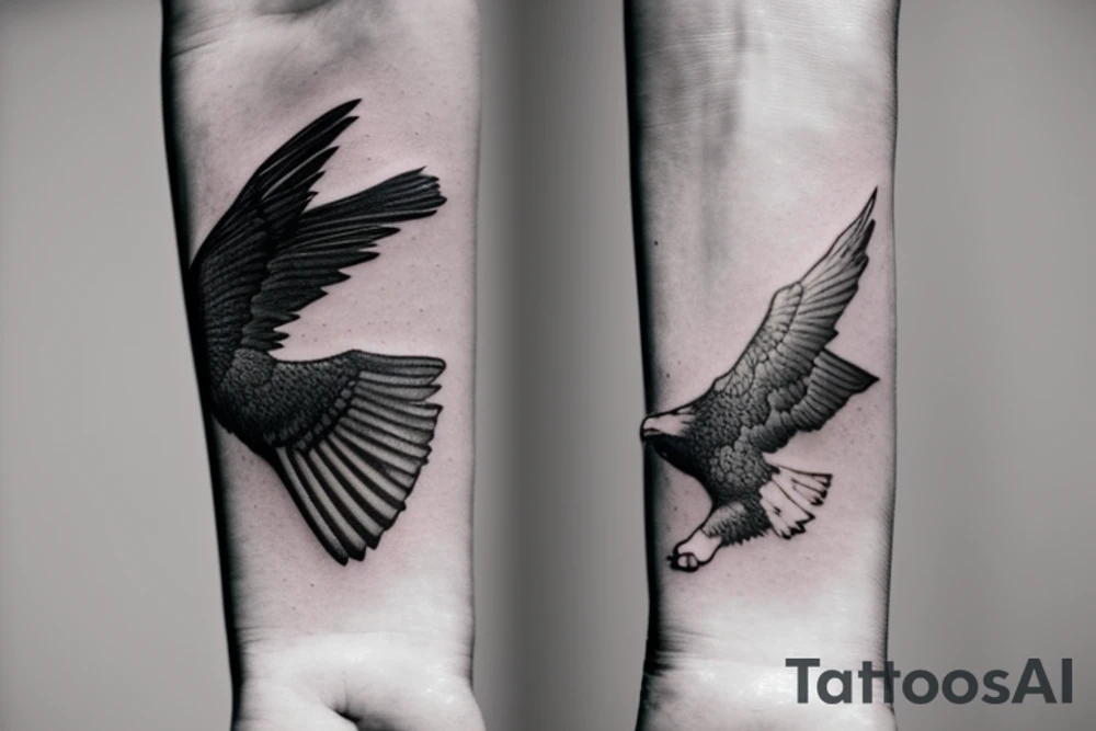"Please design a minimalist tattoo that blends the iconography of an eagle and a manta ray, suitable for the wrist. Envision a solitary line capturing the essence of an eagle's strength and liberty as it unfurls its wing. Following this, introduce a wave-like motif embodying the manta ray's graceful fluidity as it glides through the ocean. These symbols should intertwine seamlessly, culminating in a visually stunning, sophisticated design that exudes a sense of harmony." tattoo idea