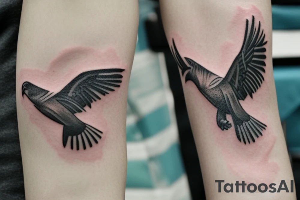 "Please design a minimalist tattoo that blends the iconography of an eagle and a manta ray, suitable for the wrist. Envision a solitary line capturing the essence of an eagle's strength and liberty as it unfurls its wing. Following this, introduce a wave-like motif embodying the manta ray's graceful fluidity as it glides through the ocean. These symbols should intertwine seamlessly, culminating in a visually stunning, sophisticated design that exudes a sense of harmony." tattoo idea