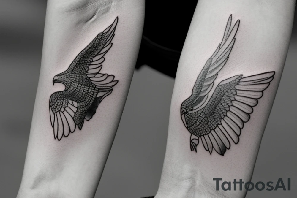 "Please design a minimalist tattoo that blends the iconography of an eagle and a manta ray, suitable for the wrist. Envision a solitary line capturing the essence of an eagle's strength and liberty as it unfurls its wing. Following this, introduce a wave-like motif embodying the manta ray's graceful fluidity as it glides through the ocean. These symbols should intertwine seamlessly, culminating in a visually stunning, sophisticated design that exudes a sense of harmony." tattoo idea