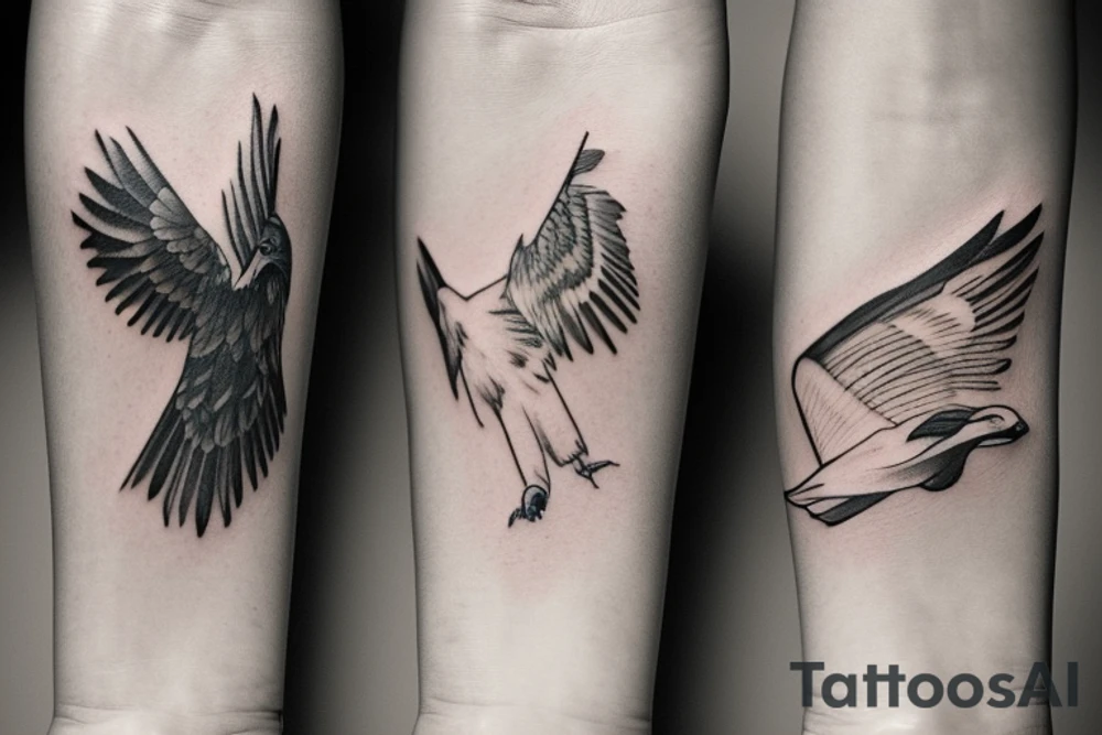 "Please design a minimalist tattoo that blends the iconography of an eagle and a manta ray, suitable for the wrist. Envision a solitary line capturing the essence of an eagle's strength and liberty as it unfurls its wing. Following this, introduce a wave-like motif embodying the manta ray's graceful fluidity as it glides through the ocean. These symbols should intertwine seamlessly, culminating in a visually stunning, sophisticated design that exudes a sense of harmony." tattoo idea