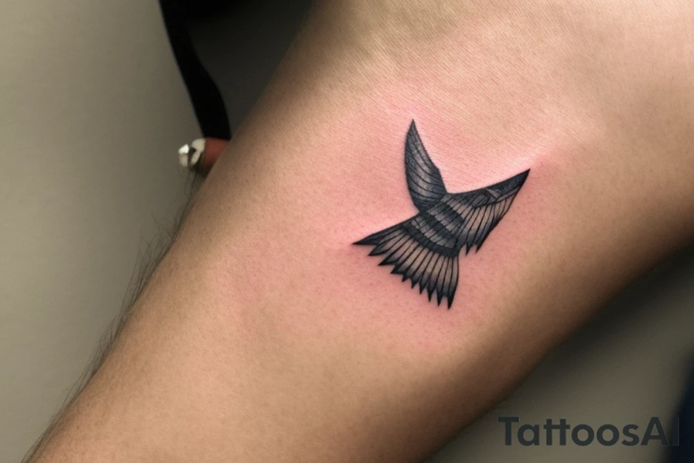 "Please design a minimalist tattoo that blends the iconography of an eagle and a manta ray, suitable for the wrist. Envision a solitary line capturing the essence of an eagle's strength and liberty as it unfurls its wing. Following this, introduce a wave-like motif embodying the manta ray's graceful fluidity as it glides through the ocean. These symbols should intertwine seamlessly, culminating in a visually stunning, sophisticated design that exudes a sense of harmony." tattoo idea