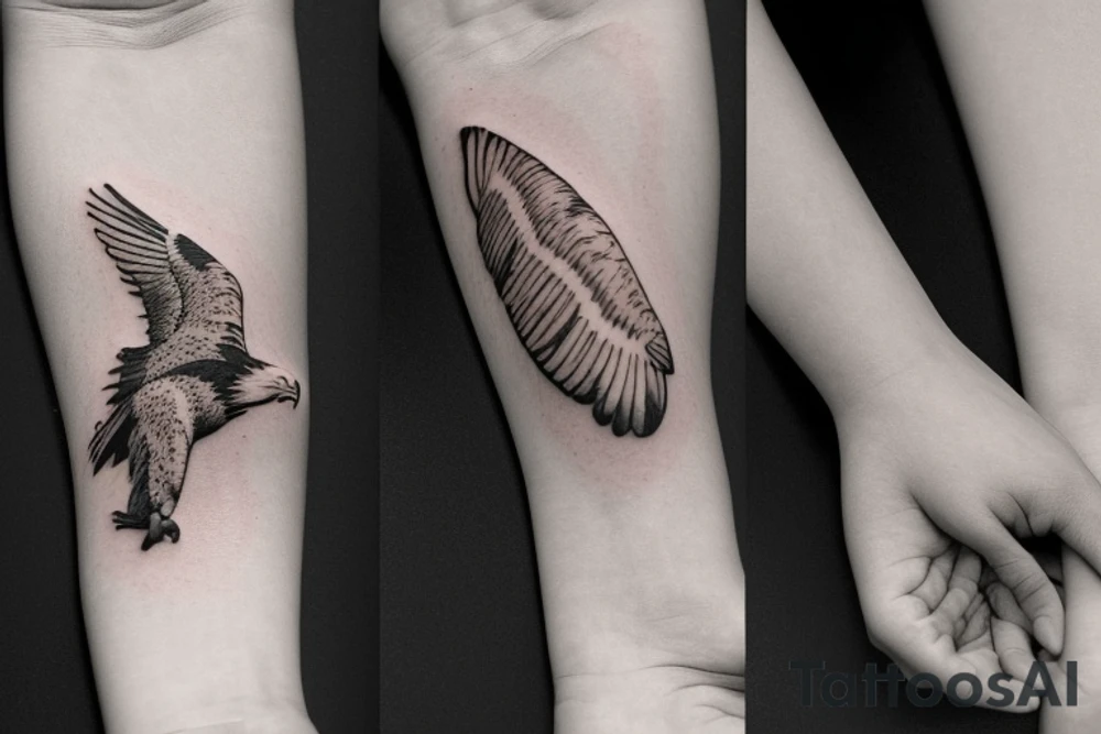 "Please design a minimalist tattoo that blends the iconography of an eagle and a manta ray, suitable for the wrist. Envision a solitary line capturing the essence of an eagle's strength and liberty as it unfurls its wing. Following this, introduce a wave-like motif embodying the manta ray's graceful fluidity as it glides through the ocean. These symbols should intertwine seamlessly, culminating in a visually stunning, sophisticated design that exudes a sense of harmony." tattoo idea