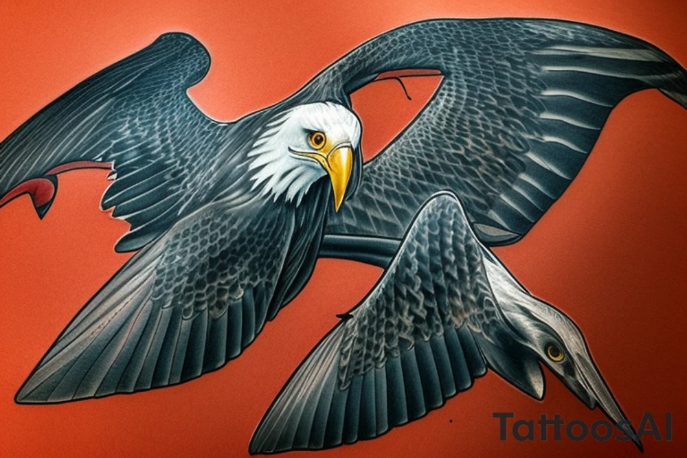 Please design a tattoo that merges an eagle and an eagle manta ray in a way that embodies their respective symbolism. The eagle, often associated with strength, power, and courage, has always been a symbol of freedom, especially during the War of Independence. The eagle manta ray, similar to Polynesian culture, represents freedom and the idea of fluidly navigating through your dreams towards a specific goal. This unique tattoo should harmonize these themes, fusing the grandeur and dominance of the eagle with the elegance and flow of the manta ray, serving as a beautiful and constant reminder of personal strength, freedom, and the pursuit of one's dreams. tattoo idea