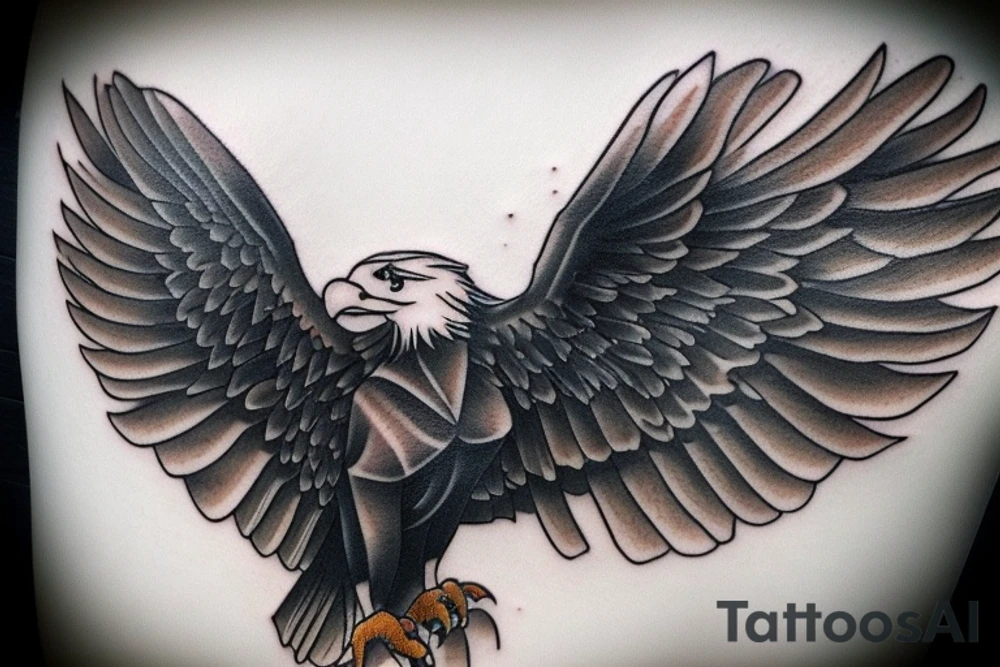 Please design a tattoo that merges an eagle and an eagle manta ray in a way that embodies their respective symbolism. The eagle, often associated with strength, power, and courage, has always been a symbol of freedom, especially during the War of Independence. The eagle manta ray, similar to Polynesian culture, represents freedom and the idea of fluidly navigating through your dreams towards a specific goal. This unique tattoo should harmonize these themes, fusing the grandeur and dominance of the eagle with the elegance and flow of the manta ray, serving as a beautiful and constant reminder of personal strength, freedom, and the pursuit of one's dreams. tattoo idea