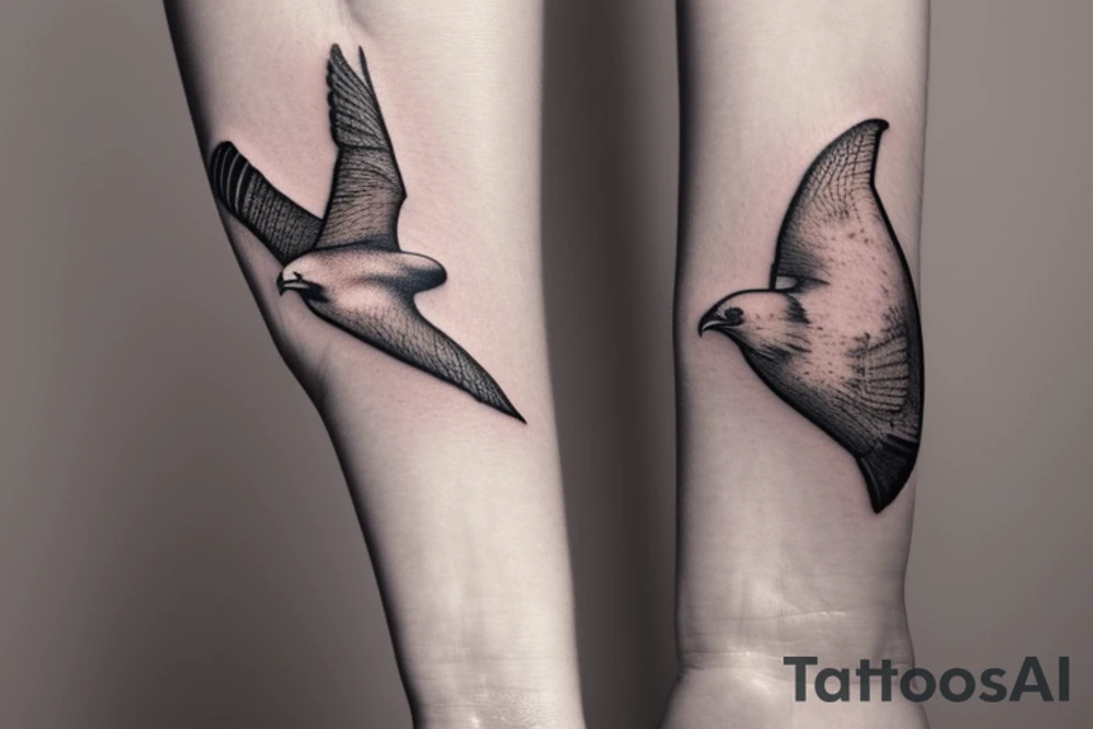 "Please design a delicate and feminine tattoo that captures the essence of an eagle and a manta ray. This wrist tattoo should depict the strength and dominance of an eagle and the elegance and freedom of a manta ray in a minimalist and artistically iconic way. Despite the compact size suitable for the wrist, the design should creatively fuse elements from both animals in a way that remains delicate, exquisite, and visually striking, while keeping its symbolic meanings clear." tattoo idea