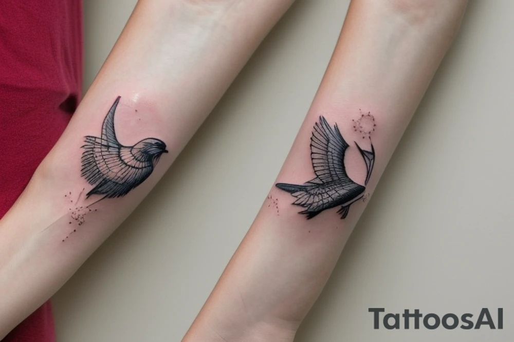 "Please design a delicate and feminine tattoo that captures the essence of an eagle and a manta ray. This wrist tattoo should depict the strength and dominance of an eagle and the elegance and freedom of a manta ray in a minimalist and artistically iconic way. Despite the compact size suitable for the wrist, the design should creatively fuse elements from both animals in a way that remains delicate, exquisite, and visually striking, while keeping its symbolic meanings clear." tattoo idea
