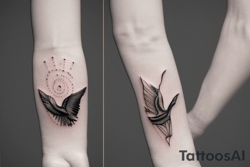"Please design a delicate and feminine tattoo that captures the essence of an eagle and a manta ray. This wrist tattoo should depict the strength and dominance of an eagle and the elegance and freedom of a manta ray in a minimalist and artistically iconic way. Despite the compact size suitable for the wrist, the design should creatively fuse elements from both animals in a way that remains delicate, exquisite, and visually striking, while keeping its symbolic meanings clear." tattoo idea