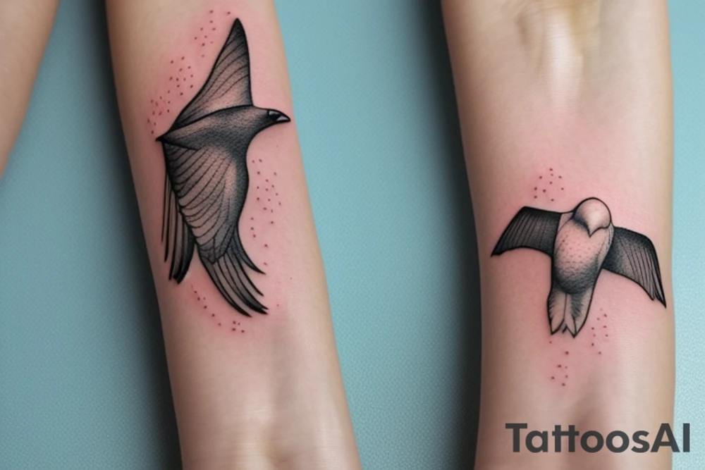 "Please design a delicate and feminine tattoo that captures the essence of an eagle and a manta ray. This wrist tattoo should depict the strength and dominance of an eagle and the elegance and freedom of a manta ray in a minimalist and artistically iconic way. Despite the compact size suitable for the wrist, the design should creatively fuse elements from both animals in a way that remains delicate, exquisite, and visually striking, while keeping its symbolic meanings clear." tattoo idea